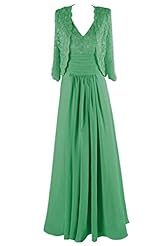 V-neck Long Sleeves Chiffon Lace Floor Length Evening Dress/Mother-of-the-Bride Dress/Prom Dress/Wedding Dress 