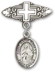 Sterling Silver Baby Badge with St. Maria Goretti Charm and Badge Pin with Cross