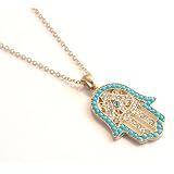 Turquoise and Gold Hamsa Hand Necklace and Pendant with Crystal Accents - Lead Compliant