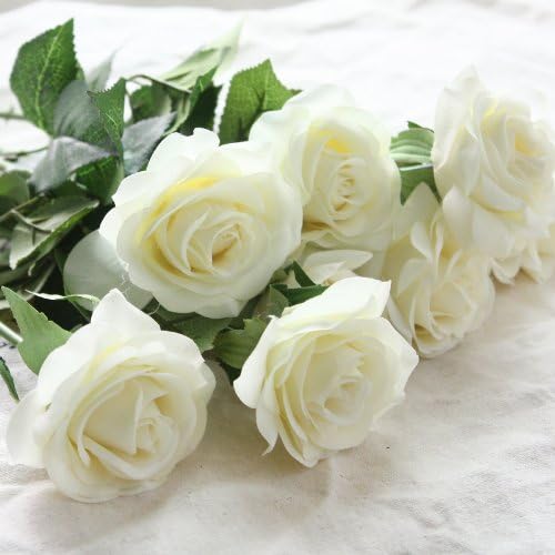 High Quality Latex Silk Real Touch Artificital Rose Bouquet 10pcs for Wedding Brides Bridal Hydrangea Party Home Decor Flowers (cream ivory)