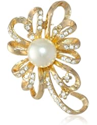 Anne Klein "Holiday Pins" Gold-Tone and Pearl Looped Ribbon Pin