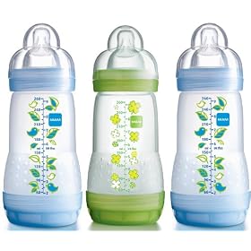 MAM Self-Sterilising Anti-Colic 260 ml Bottles 3-Pack (2 x Blue, 1 x Green)