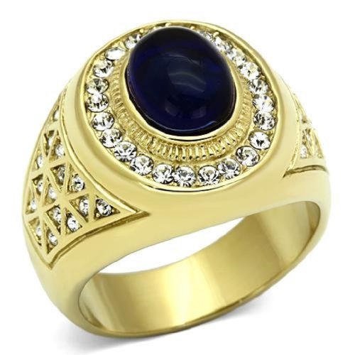 Men's Yellow Gold Plated Stainless Steel Dark Blue Cabochon Ring