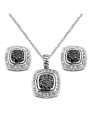 .925 Sterling Silver CZ Contrast Framed Stud Earrings and Matching Pendant-Necklace Set with 1.2mm Cable Rolo Chain - 16"+1" Inches Extension
