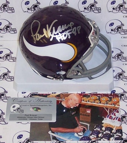 Paul Krause Autographed/Hand Signed Minnesota Vikings Mini Helmet with HOF 98 Inscription
