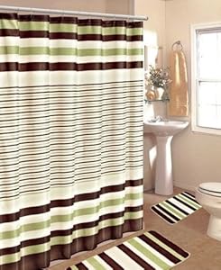 15PC SAGE BROWN STRIPE BATHROOM BATH MATS SET RUG CARPET SHOWER CURTAIN HOOKS