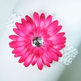 3-in-1 Gerber Daisy Flower Hair Clip Bow on Soft Stretch Crochet Child Headband fits Babies to Toddlers to Youth Girls (Hot Pink on White)