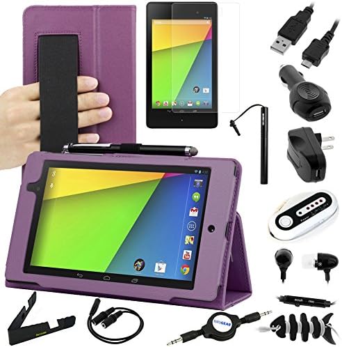 BIRUGEAR 12 Items Essential Accessories Bundle kit for Google Nexus 7 FHD - 7'' Nexus 7 II / 2nd Generation 2013 Tablet -- Purple Auto Sleep/Wake Leather HandStrap Folio Stand Case included