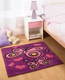 Childrens Kids Soft Rug in Purple Colour Butterfly Design Carpet 90 x 90 cm (3' x 3')