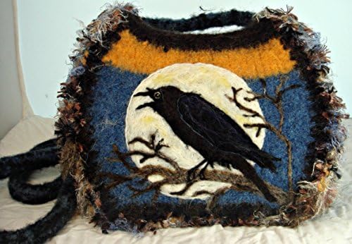 Bird Felted Purse, Blue Felted Handbag,Crow Art, Crow and the Moon, Pony Express Purse,Wool Bag
