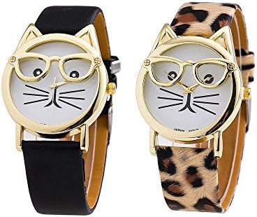 Accesari 2 Pack Women's Gold Tone Cat Glasses Analog Quartz Watch, PU Leather (Leopard Print and Black)