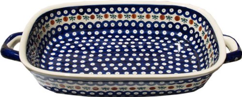 Polish Pottery Baking Dish with Handles From Zaklady Ceramiczne Boleslawiec #1345-41 Classic Pattern, Depth: 2.5