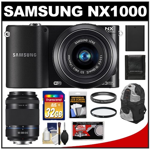 Samsung NX1000 Smart Wi-Fi Digital Camera Body & 20-50mm Lens (Black) with 50-200mm NX OIS Lens + 32GB Card + Case + Battery + Filters + Accessory Kit
