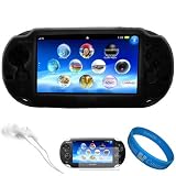 Black Premium Protective Silicone Skin Cover for New Sony PSP Vita Portable Handheld Gaming Device + Front and Back Clear Screen Protector + White Stereo Headphones + SumacLife TM Wisdom*Courage Wristband