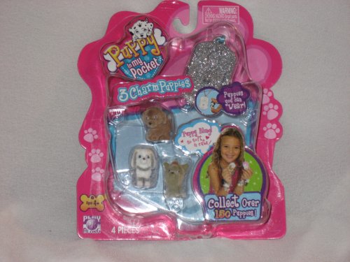Puppy in My Pocket 3 Charm Silver Glitter Necklace with Tiny
