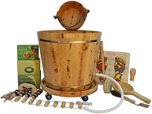 Shine Ultimate New Arrivals Foot Soak Spa Bundle - 13 items: Tall Cedar Wood Tub with Drainage Hole &amp; Tube, Small Cedar Wood Bucket, Cedar Wood Tub Wheels, Acupoint Foot Board, Head/Scalp Massager