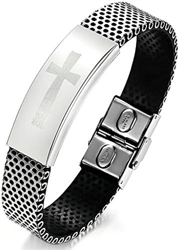 AnaZoz Jewelry Men's Fashion Bracelet PU Leather Stainless Steel Classic Cross Black 19CM
