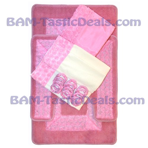 PINK FLORAL RIBBON 18-Piece Bathroom Set: 2-Rugs/Mats, 1-Fabric Shower Curtain, 12-Fabric Covered Rings, 3-Pc. Decorative Towel Set