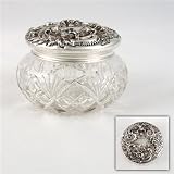 Dresser Jar, Glass w/ Silverplate Lid by International Floral, Scroll & Bead Design, Monogram M.E.O.