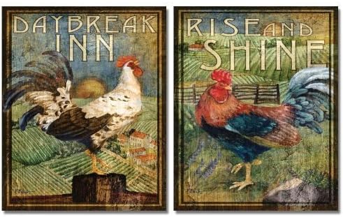 2 Retro Rooster Rustic Art Prints Country Kitchen Decor 8 x 10 (Set of two 8x10 mounted prints)