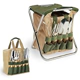 Picnic Time Gardener Folding Seat with Polyester Tote and 5 Piece Garden Tools