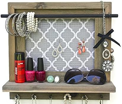 Jewelry Holder Shelf - Jewelry Organizer - Barn wood - Grey And White Quatrefoil Pattern - By Hudson Lace