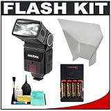 Precision Design DSLR300 Universal High Power Auto Flash with Zoom/Bounce/Swivel Head for Digital SLR Cameras + Bounce Flash Reflector + Batteries & Charger + Cleaning Kit