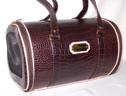 Designer Dog Carrier - Faux Croc Pet Carrier - Brown with Pink Trim - Medium