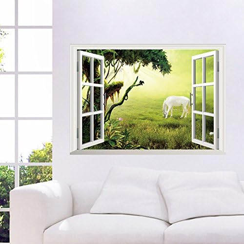 Window Scape Instant View Fairy Tail Wild White Horse Wall Decal Graphic Sticker Mural Home Kids Game Room Office Art Decor