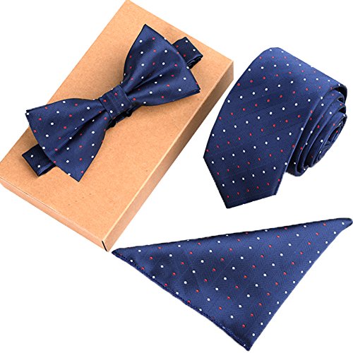 Mens Fashion Polyster Skinny Neck ties and Bowtie Pocket Square 3pcs Set for Gifts