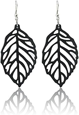 Spk Jewelry Vintage Tribal Leaf Wood Handmade Filigree Dangle Teardrop Earrings (Black)