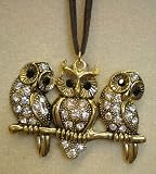 3 Gold Owls on a Branch Pendant Necklace