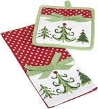 DII Holiday Hostess Print Ribbon Pocket Potholder and Ribbon Dish Towel Set