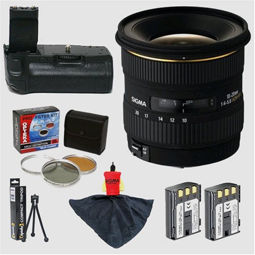 Sigma Zoom Super Wide Angle 10-20mm f/4-5.6 EX DC HSM Autofocus Lens Opteka Battery Pack Grip / Vertical Shutter Release 2 NB-2LH Batteries (2400 mAh Total) Filters Accessories for Canon EOS Digital Rebel XTi Rebel XT