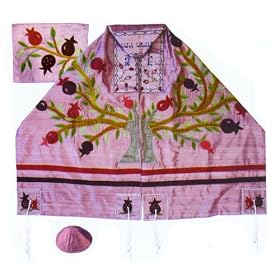 Men Clothes : Raw silk Appliqued Tallit Set - Tree of Life on Pink, 17x75 Sale