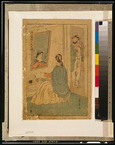 Reprint Historic Japanese Print Japanese a French woman seated before a mirror applying makeup; a man stands in a