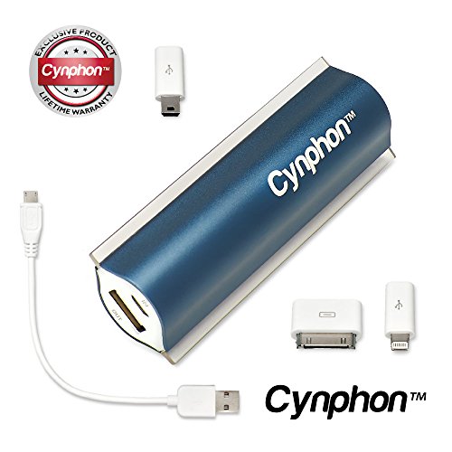 Portable Charger Power Bank USB Battery Pack For iPhone 6, 5, 5S, 5C, 4S, 4, Samsung S-Series - iPhone 6/5/4, Samsung Adapters w/USB Cable - Cynphon JumpStart JS-2400 (Navy Blue)