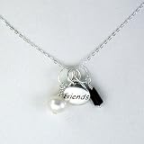 "Friends" Word Pendant with Pearl and Garnet on 18" Sterling Silver Chain