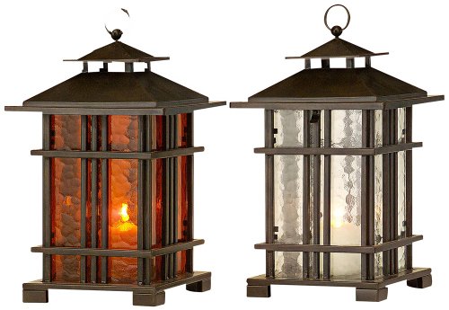 Set of 2 Iron and Glass Arts & Crafts Candle Lanterns