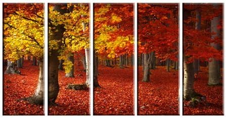 Autumn forest print on canvas, forest wall art, framed and ready to hang, tree leaves design on canvas, forest painting canvas print, 5 panel canvas print