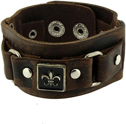 Brown Leather Cuff Bracelet Unisex Fleur de Lis Metal Hardware Studs