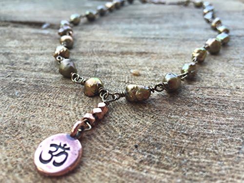 pearl necklace, pearl choker, om, ohm, aum, lariat necklace, ** GORGEOUS **, freshwater pearls, and OM, copper, yoga jewelry, pearl jewelry Active