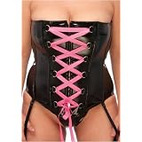 Plus Size Patent Leather PVC Ribbon Laced Corset in Black/Pink 1x 2x 3x