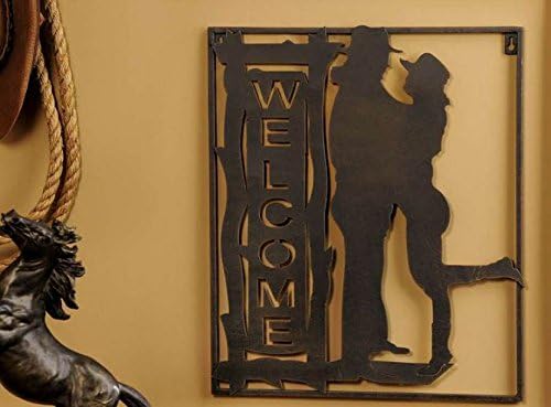 Metal Cowboy & Cowgirl Welcome Plaque Western Sign Black Silhouette Picture
