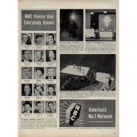 NBC RADIO Voices that Everybody Knows - Josephine Antoine, Judy Canova, Perry Como, Richard Crooks, Bing Crosby, Jean Dickenson, Dick Haymes, Hildegarde, Frank Munn, Dick Powell, Dinah Shore, Ginny Simms, John Charles Thomas, Thomas L. Thomas, and Rudy Vallee. MYSTERY made to order, NBC provides such first rate thrillers as "Mr. and Mrs. North", "Mr. District Attorney", and "Mystery Theatre". SOLACE OF RELIGION has an important place in NBC broadcasting. Millions listen each Sunday to "The Catholic Hour"' "The National Radio Pulpit" for Protestants, and "The Eternal Light" for Jewish listeners. TELEVISION AND SPORTS. ..... 1945 NBC Radio Network Ad, A4637.