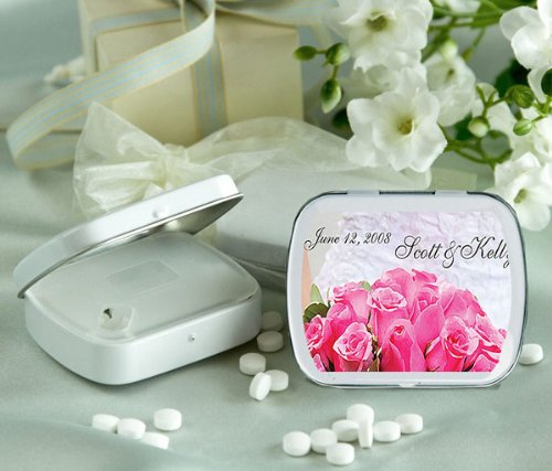 Baby Keepsake: Bridal Bouquet Design Personalized Glossy White Hinged Mint Box (set Of 24) Picture