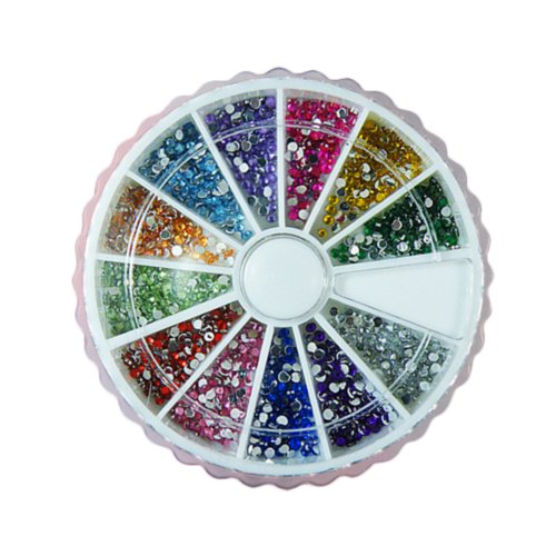 12 Colors Nail Art Tips Glitter Rhinestones with Wheel