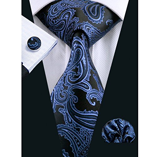 Hi-Tie Mens Blue Striped Solid Plaid Paisley Silk Tie Hanky Cufflinks set
