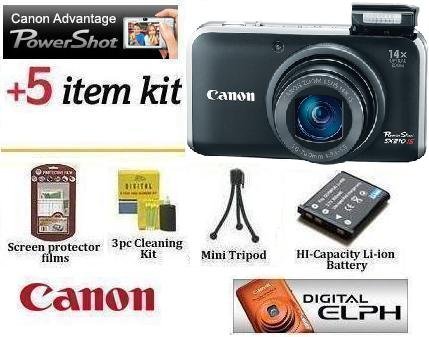 Canon PowerShot SX210 IS Digital Camera (Black) 14.1MP With Exclusive Powershot Complimentary Accessory Kit Includes Extended Life Battery Pack, Lens Cleaning Kit, Flexible Mini tripod, LCD Screen Protectors + More