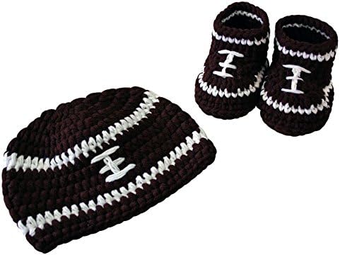 High Quality Crochet Handmade Football Baby Hat &amp; Shoe Set (Small (0-3 months), Brown &amp; White)